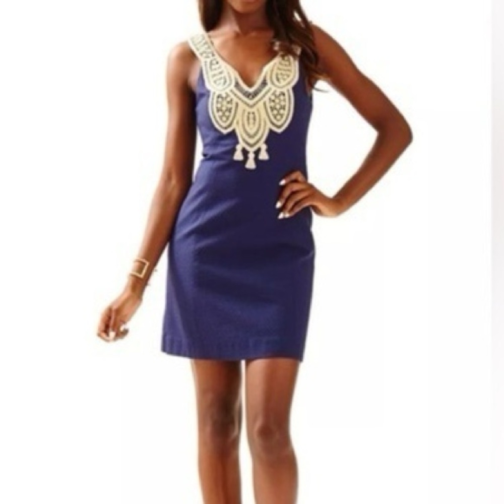 Lilly Pulitzer Largo Shift Navy Dress with Gold Detailing- 2